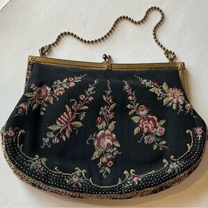 Vintage Floral Embroidered Black Wristlet Evening Bag
